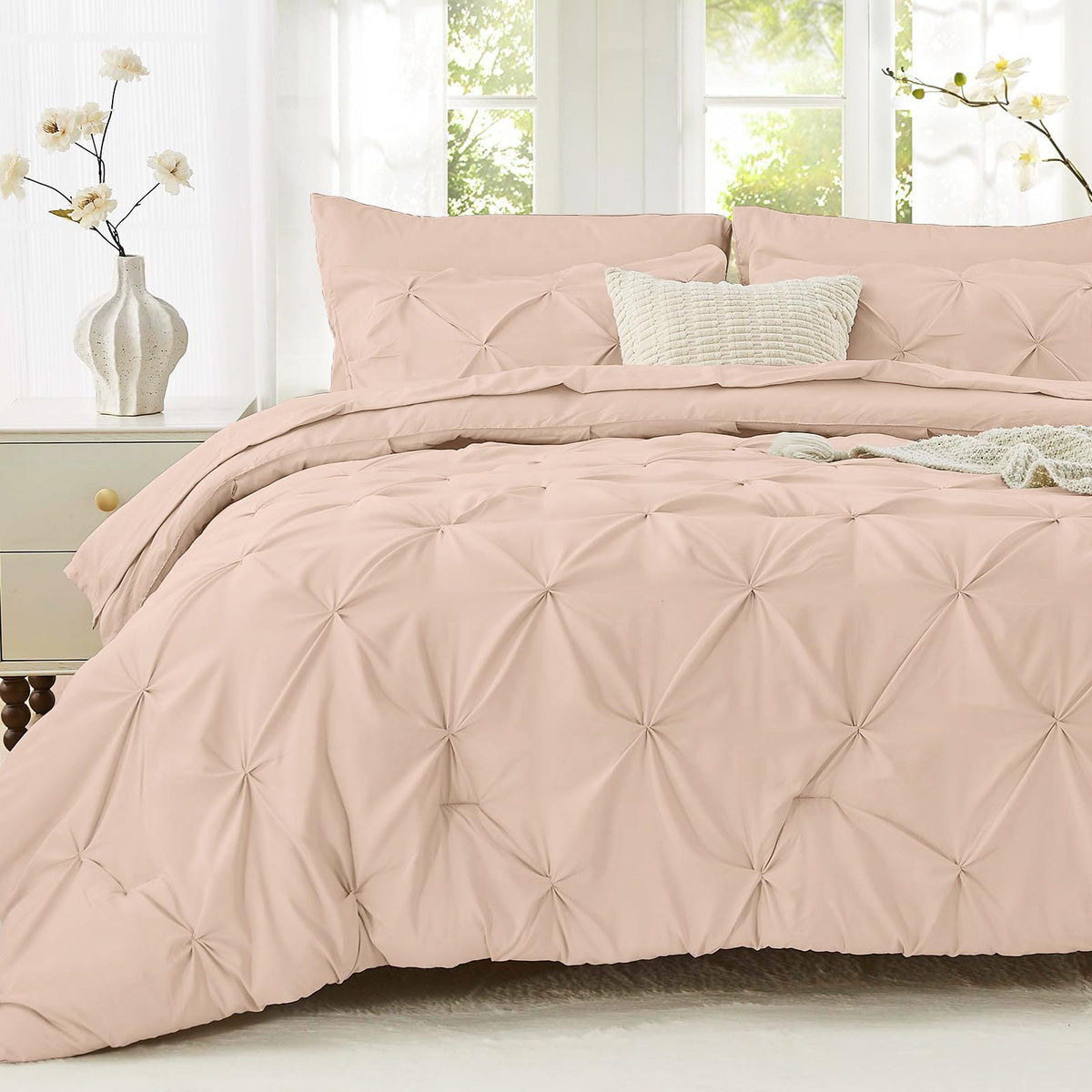 Sasttie Queen Comforter Set, 7-Piece Bed in a Bag, Pintuck Bedding Sets for All Season, Includes Comforter, Flat Sheet, Fitted Sheet, Pillowcases and Pillowshams, Beige