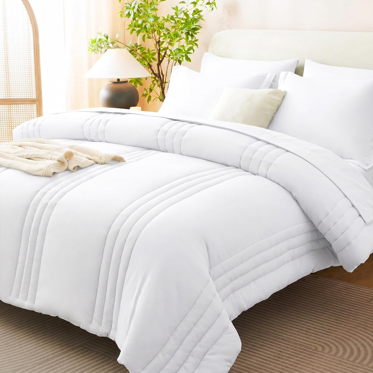 CozyLux Queen Comforter Set Beige - 7 Pieces Vertical Quilted Bed in a Bag