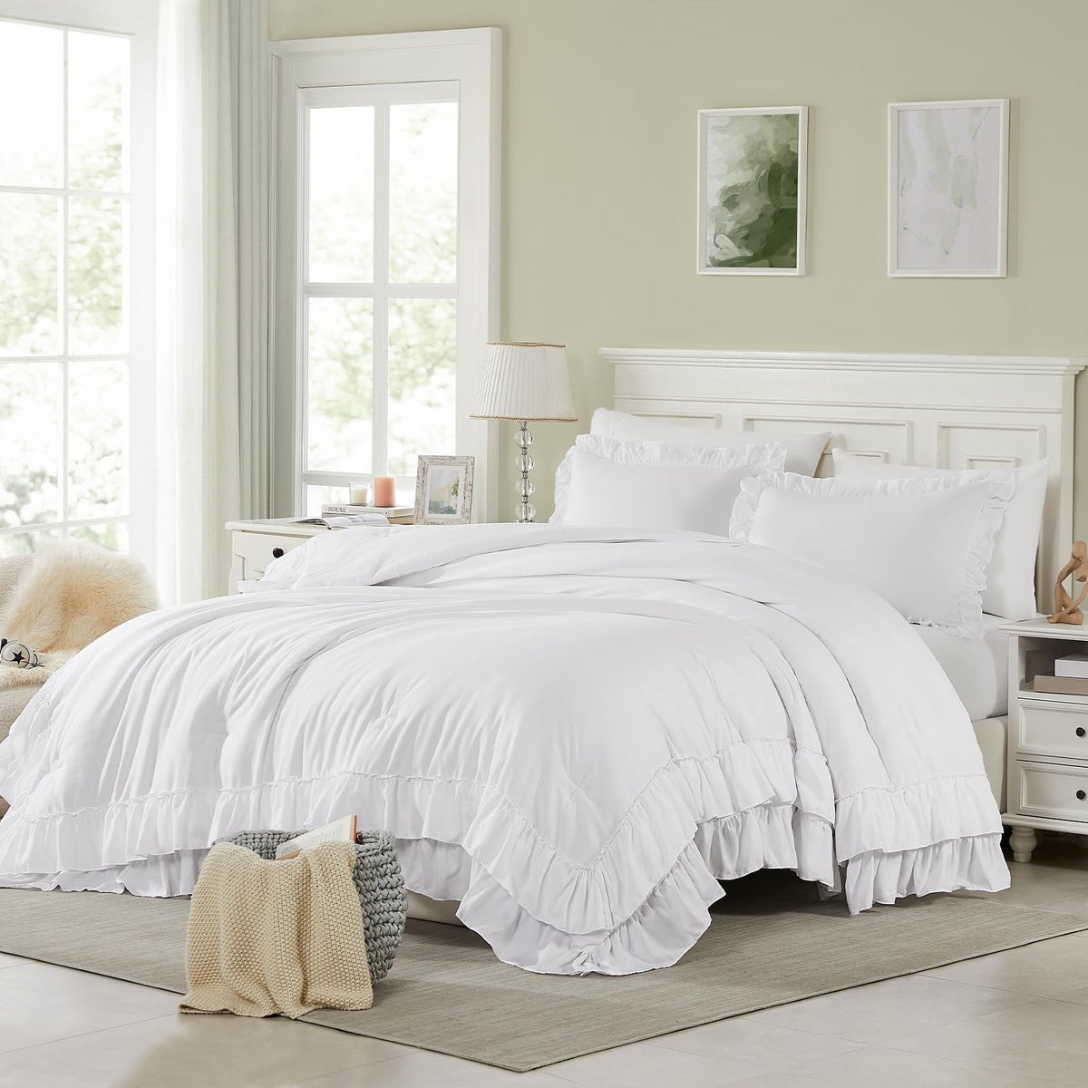 Cupocupa Blush Pink Comforter Set Queen, 3Pcs Comforters Queen Size Ruffle Farmhouse Bedding Sets Queen with Comforter, Lightweight Soft Shabby Chic Bedding Comforter Set Fluffy for All Season