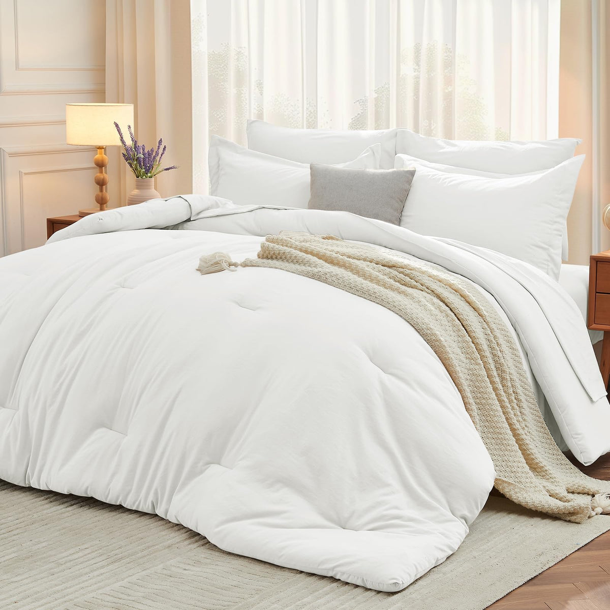 MUXHOMO 7 Pieces California King Comforter Set, Soft Bed in a Bag Cal King Size, All Season Bedding Set with Comforter, Flat Sheet, Fitted Sheet, Pillowcases & Shams, Beige
