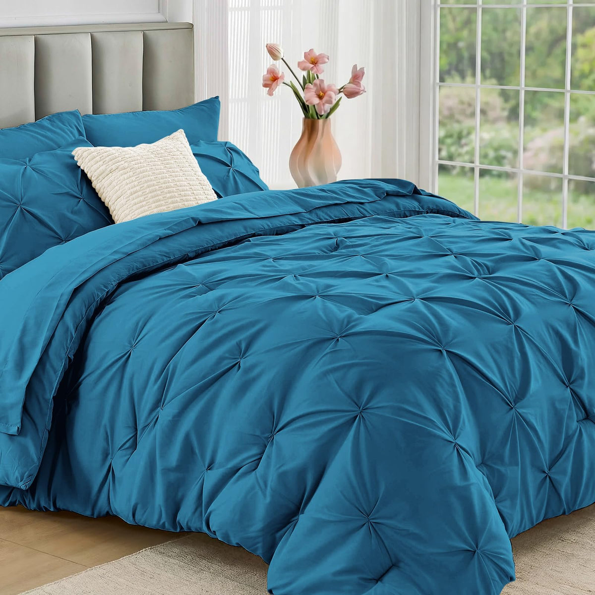 JOLLYVOGUE Queen Comforter Set 7 Pieces - Bed in a Bag Queen for All Season, Pintuck Bedding Comforter Sets with Comforter, Flat Sheet, Fitted Sheet and Pillowcases & Shams, Pink