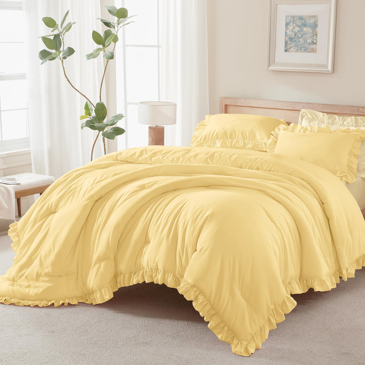 Andency White Comforter Set Queen Size, 3 Pieces Ruffle Farmhouse Bed Set