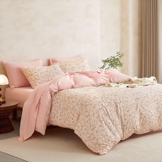 Wake In Cloud - Floral Comforter Set with Sheets, Cute Vintage Flower Cottagecore Aesthetic for Women Teen Girls, 7 Pieces Bed in a Bag, Cream Pink, Full Size