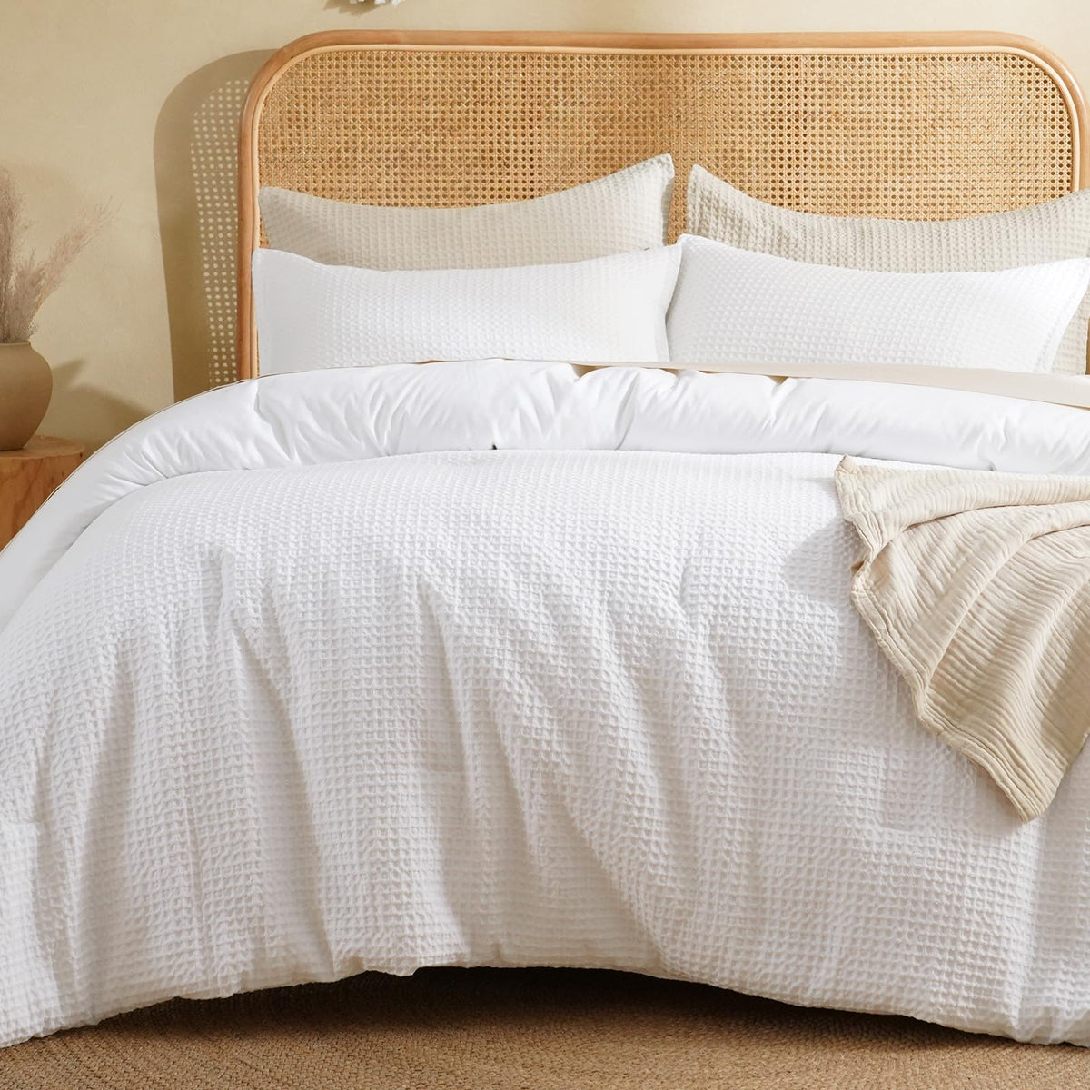 David's Home Textured Summer Waffle Weave Comforter Set, Queen, Linen