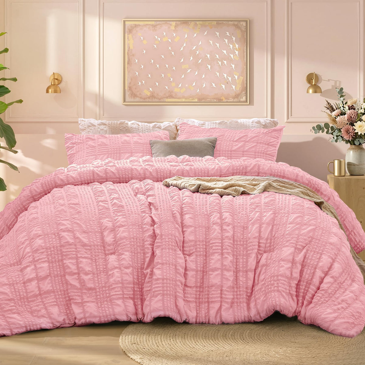 BEDELITE Queen Comforter Set, Seersucker Bedding Set 3 Pieces, Cream
