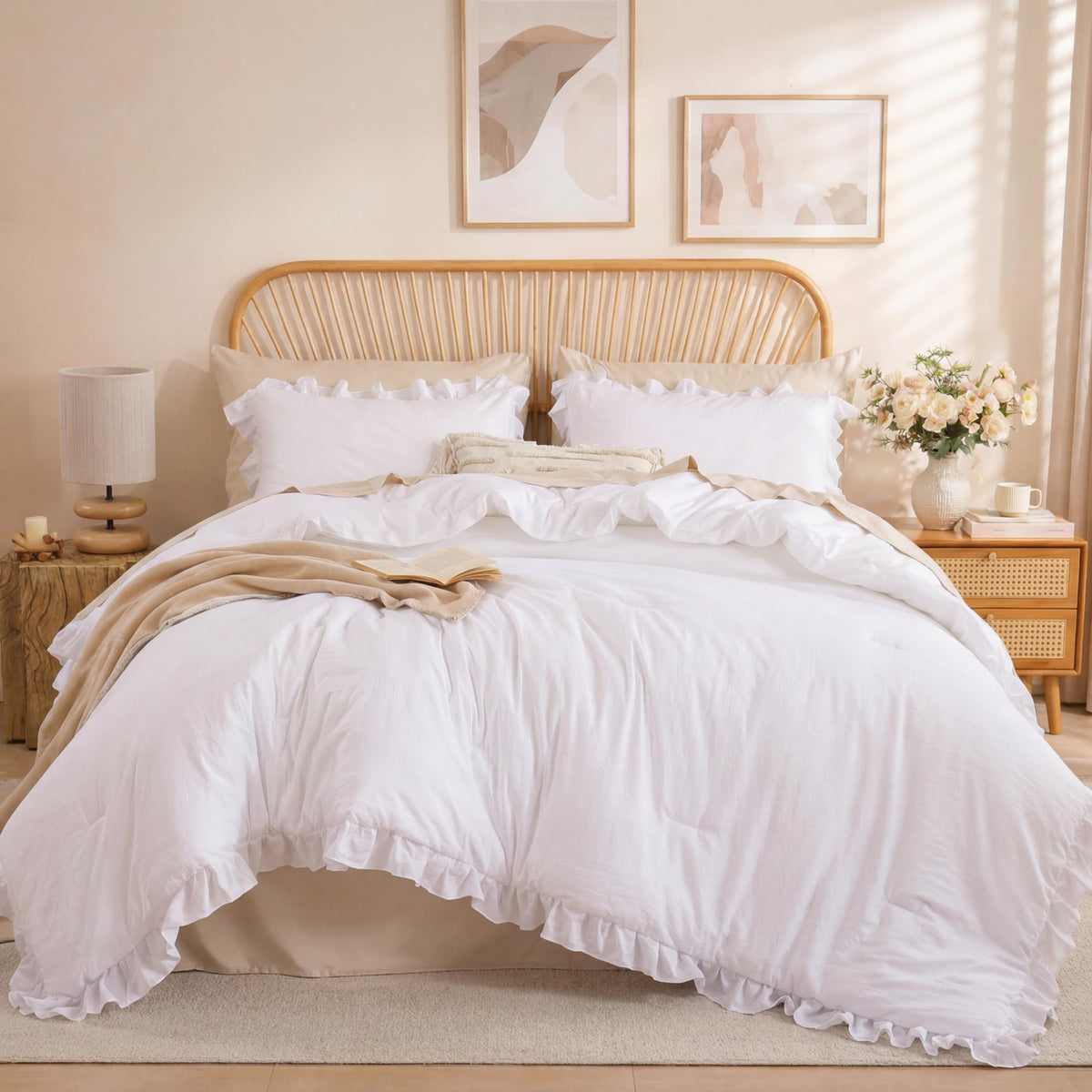 JANZAA Blush Pink Comforter Set Queen, Ruffle Soft Bedding