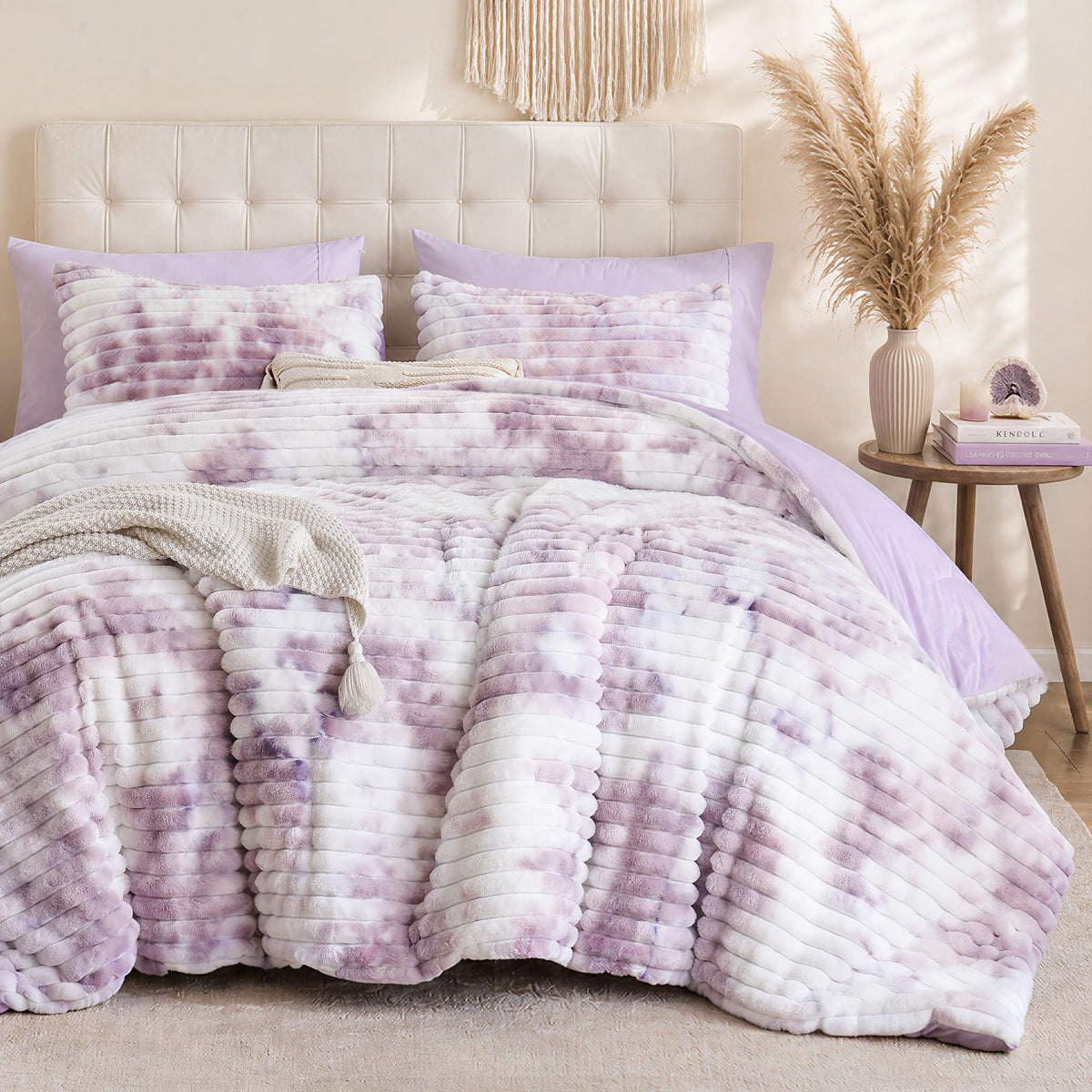 Smoofy Fluffy Queen Size Comforter 3 PCS - Tie Dye Grey Fleece Bedding Set