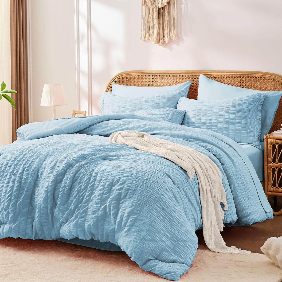 FUANNA Queen Comforter Set 7 Pieces, Pink Bed Set, Seersucker Bed in a Bag