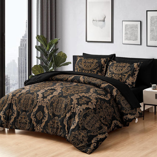 WONGS BEDDING Black Comforter Set King Size, Gold Damask Texture 7 Pieces Bed in a Bag Microfiber Comforter Bedding Sets -1 Comforter, 1 Flat Sheet, 1 Fitted Sheet, 2 Pillow Shams, 2 Pillowcases
