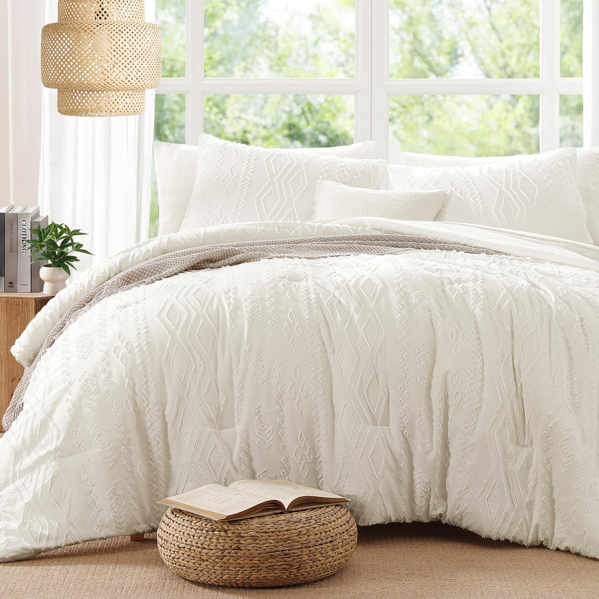 King Size Comforter Set Beige Tufted Boho Bedding Sets Farmhouse 7 Pieces