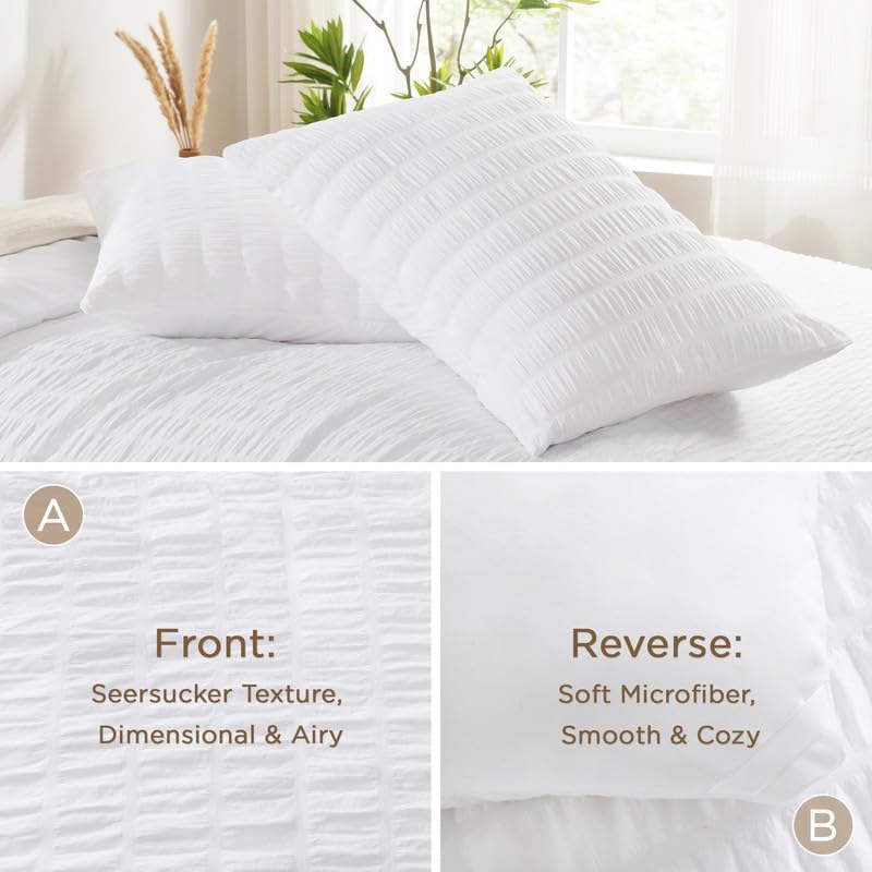 AveLom Seersucker White Comforter Set Full, 3 Pieces- 100% Soft Washed Microfiber Lightweight Comforter with 2 Pillowcases, All Season Down Alternative Bedding Set (80x90 inches)