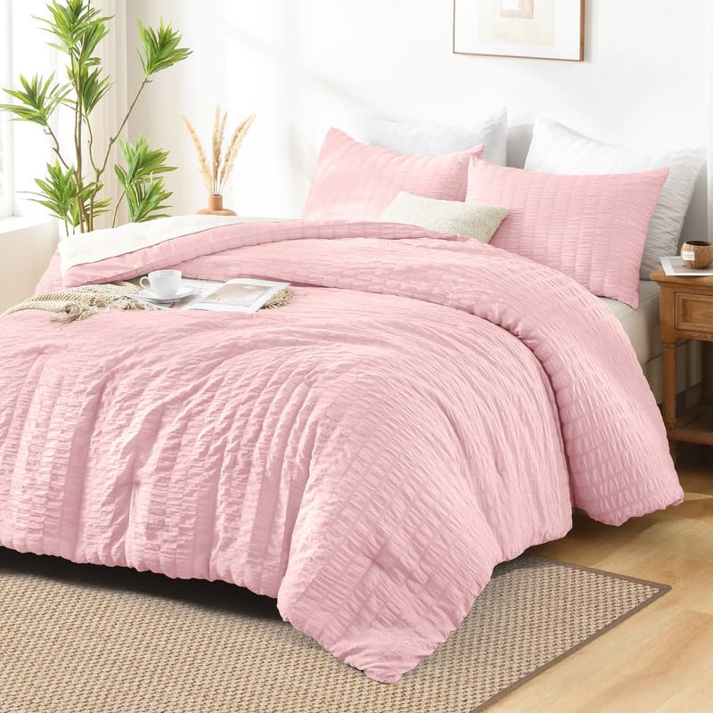 AveLom Seersucker White Comforter Set Full, 3 Pieces- 100% Soft Washed Microfiber Lightweight Comforter with 2 Pillowcases, All Season Down Alternative Bedding Set (80x90 inches)