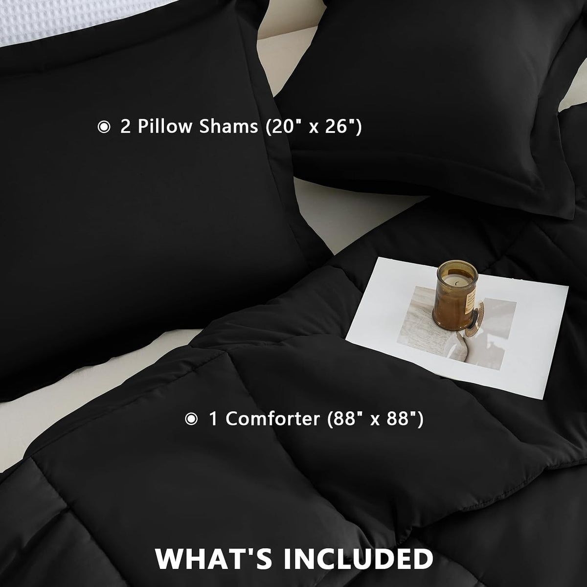 CozyLux Queen Comforter Set, 3-Piece Box-Stitched, Black