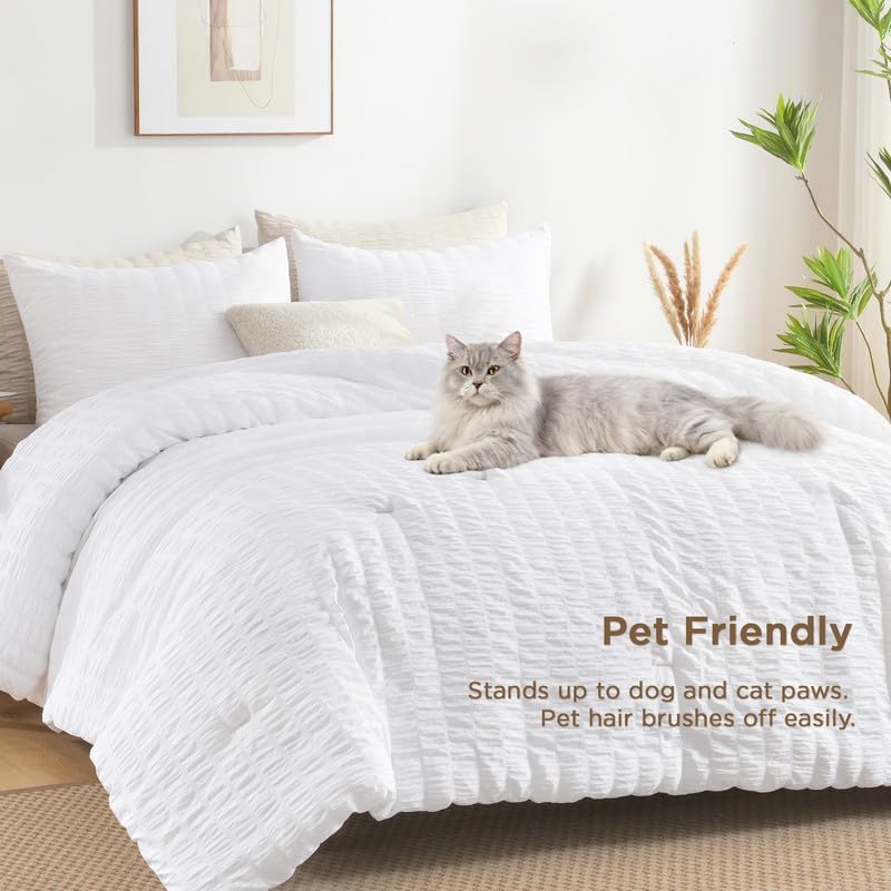AveLom Seersucker White Comforter Set Full, 3 Pieces- 100% Soft Washed Microfiber Lightweight Comforter with 2 Pillowcases, All Season Down Alternative Bedding Set (80x90 inches)