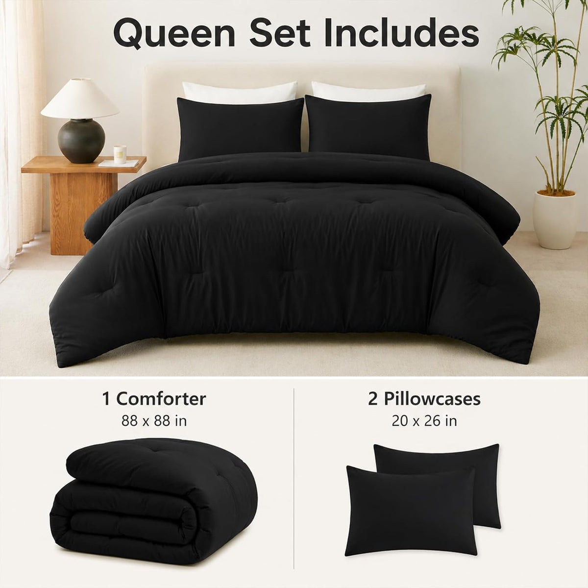 CozyLux Queen Comforter Set, 3 Pieces Down Alternative Bedding, Black
