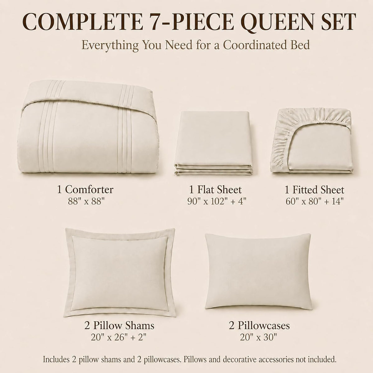 CozyLux Queen Comforter Set Beige - 7 Pieces Vertical Quilted Bed in a Bag