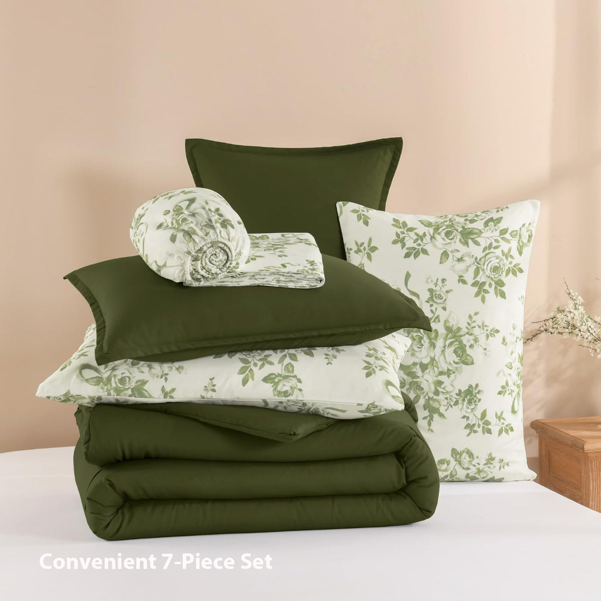 Litanika Floral Queen Comforter Set, 7 Peices Olive Green Bed in a Bag