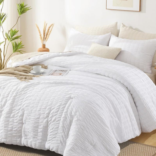 AveLom Seersucker White Comforter Set Full, 3 Pieces- 100% Soft Washed Microfiber Lightweight Comforter with 2 Pillowcases, All Season Down Alternative Bedding Set (80x90 inches)
