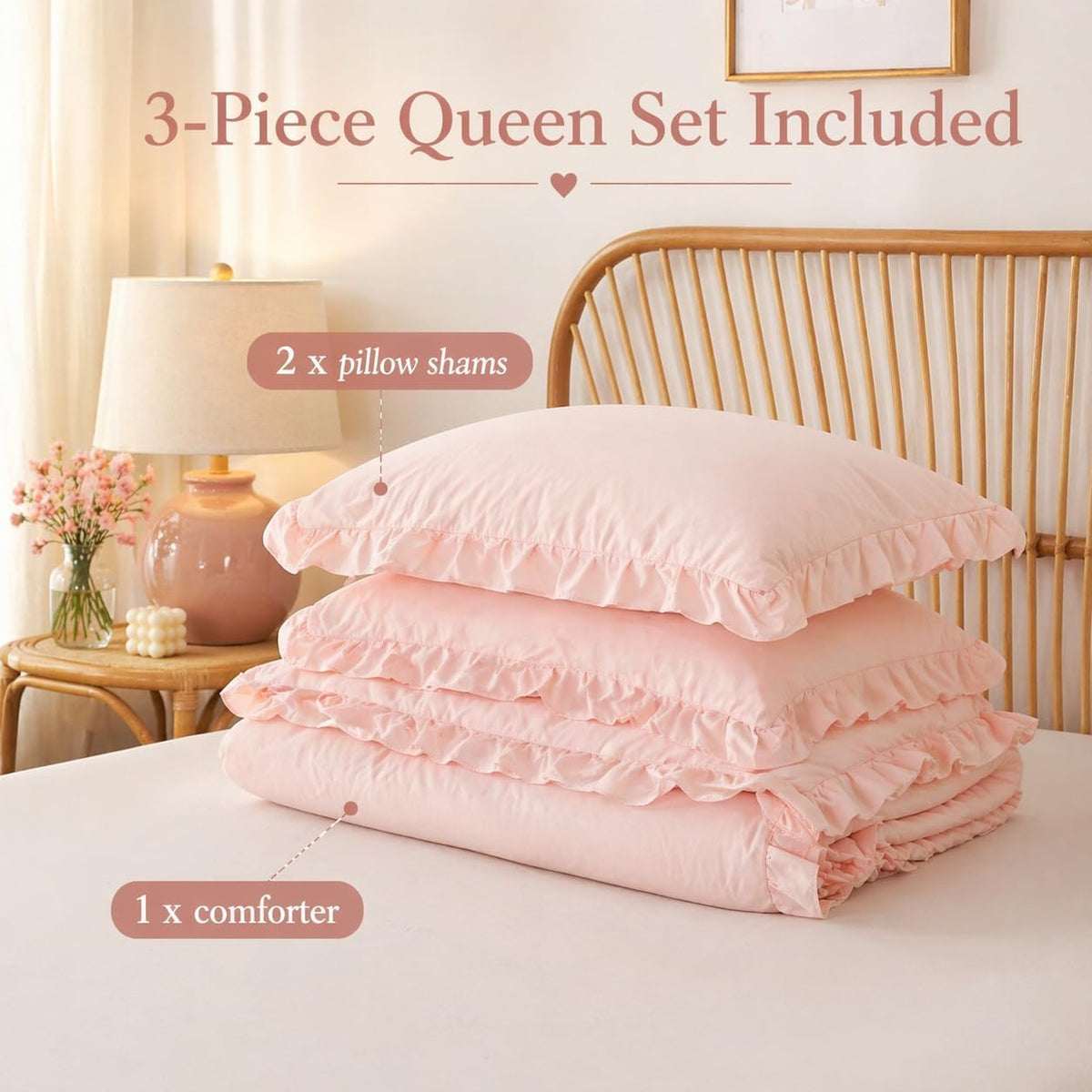 JANZAA Blush Pink Comforter Set Queen, Ruffle Soft Bedding