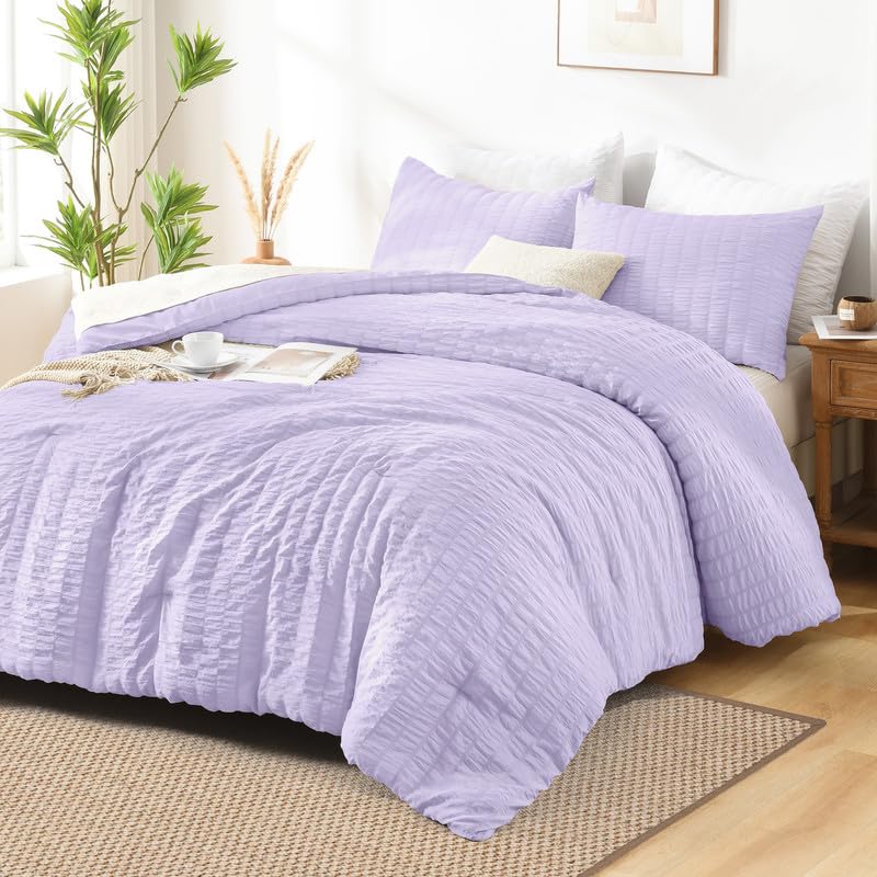 AveLom Seersucker White Comforter Set Full, 3 Pieces- 100% Soft Washed Microfiber Lightweight Comforter with 2 Pillowcases, All Season Down Alternative Bedding Set (80x90 inches)