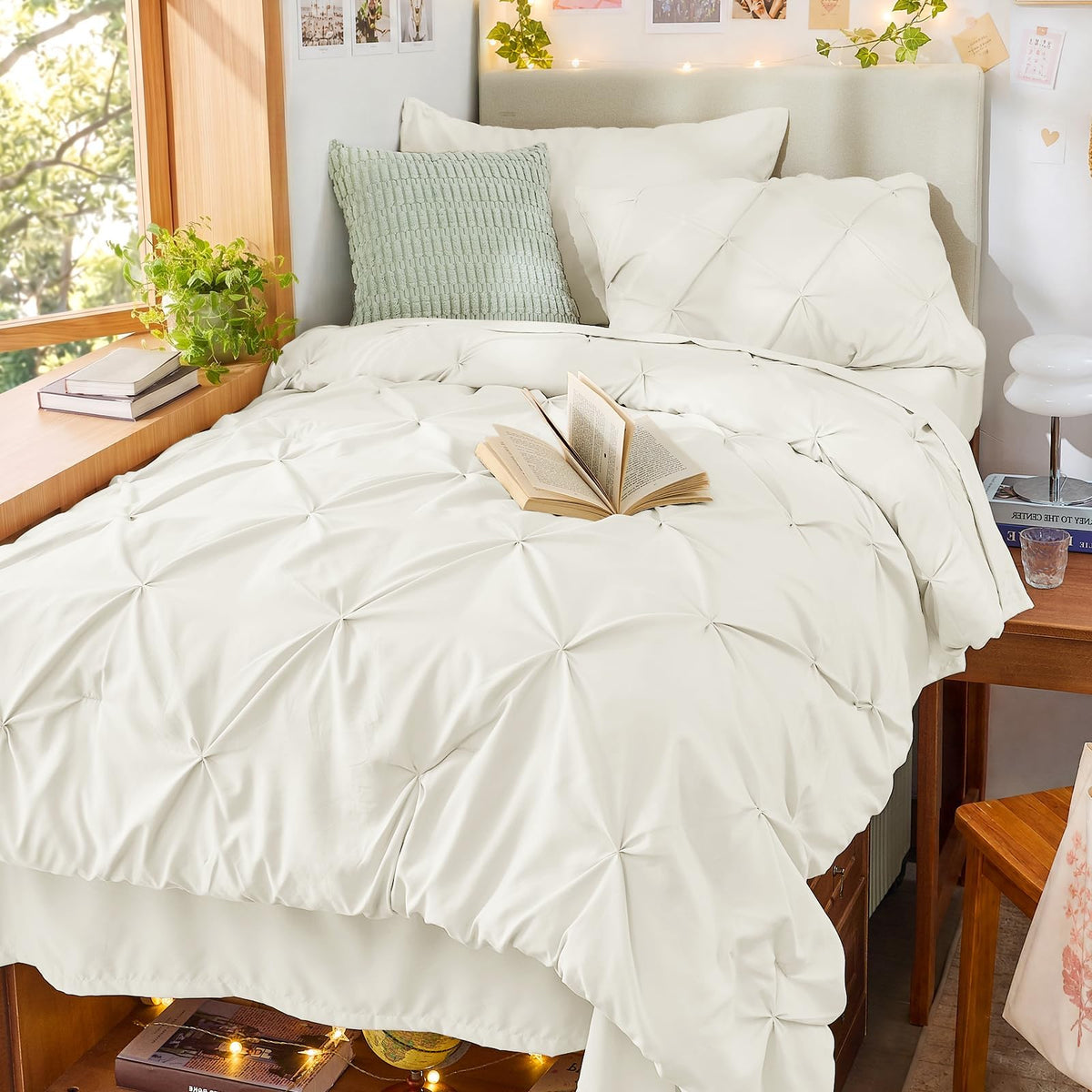 Sasttie Queen Comforter Set, 7-Piece Bed in a Bag, Pintuck Bedding Sets for All Season, Includes Comforter, Flat Sheet, Fitted Sheet, Pillowcases and Pillowshams, Beige