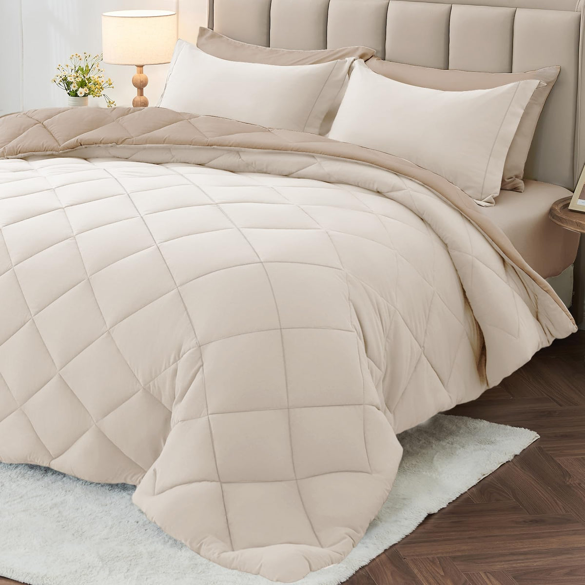 MUXHOMO 7 Pieces Queen Comforter Set, Reversible Bed in a Bag Queen Size, All Season Bedding Set with Comforter, Flat Sheet, Fitted Sheet, Pillowcases & Shams, Red & Black