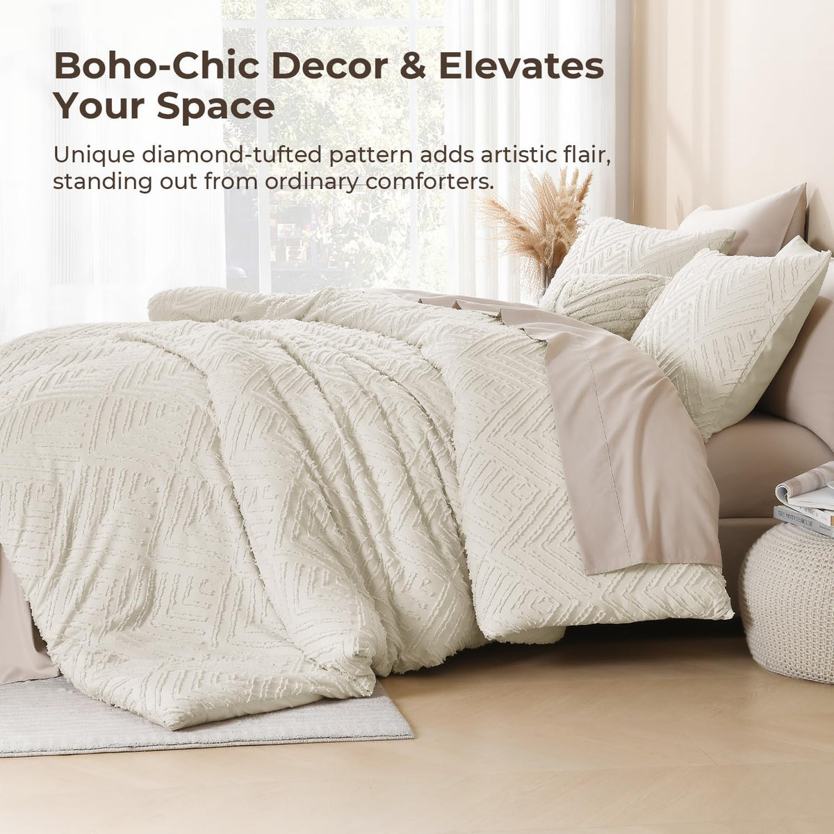 Litanika California King Comforter Set, 3 Pcs Beige Tufted Boho Bedding Set