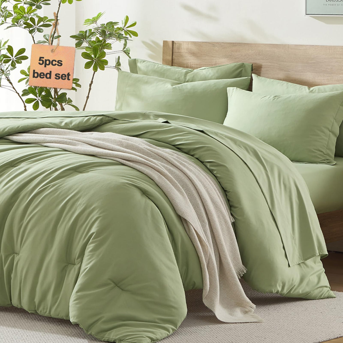Homelike Moment King Size Comforter Set - 7 Piece Sage Green Bed in a Bag
