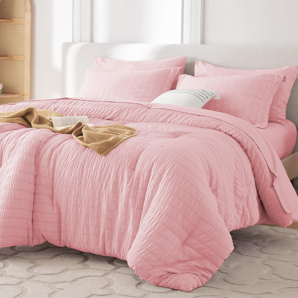 MUXHOMO 7 Pieces Queen Comforter Set, Seersucker Bed in a Bag Queen Size, All Season Luxury Bedding Set with Comforter, Flat Sheet, Fitted Sheet, Pillowcases & Shams, Beige