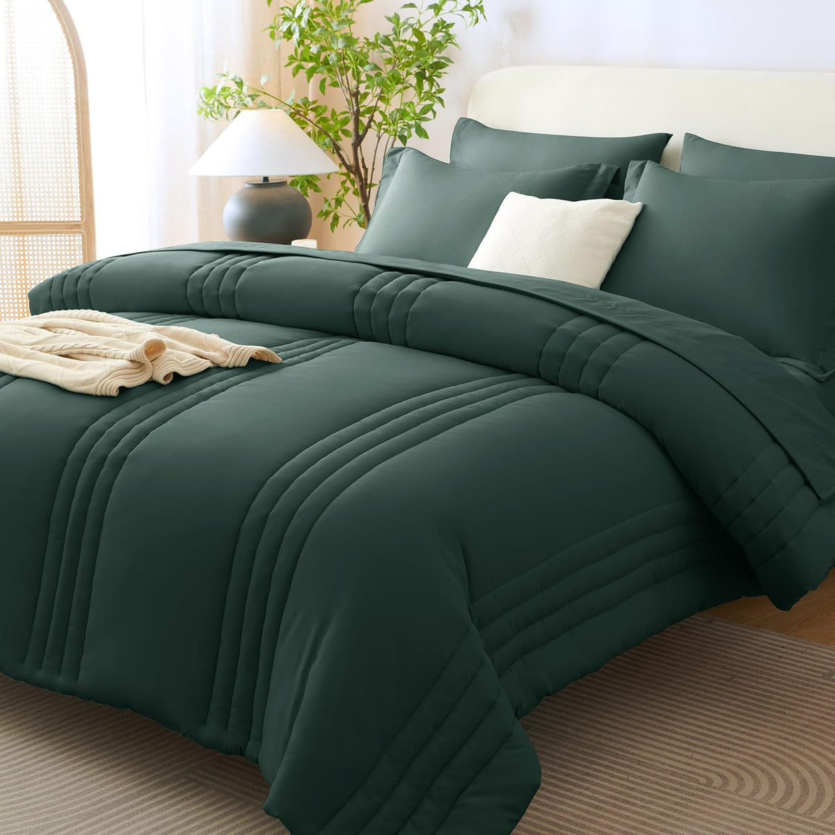 CozyLux Queen Comforter Set Beige - 7 Pieces Vertical Quilted Bed in a Bag