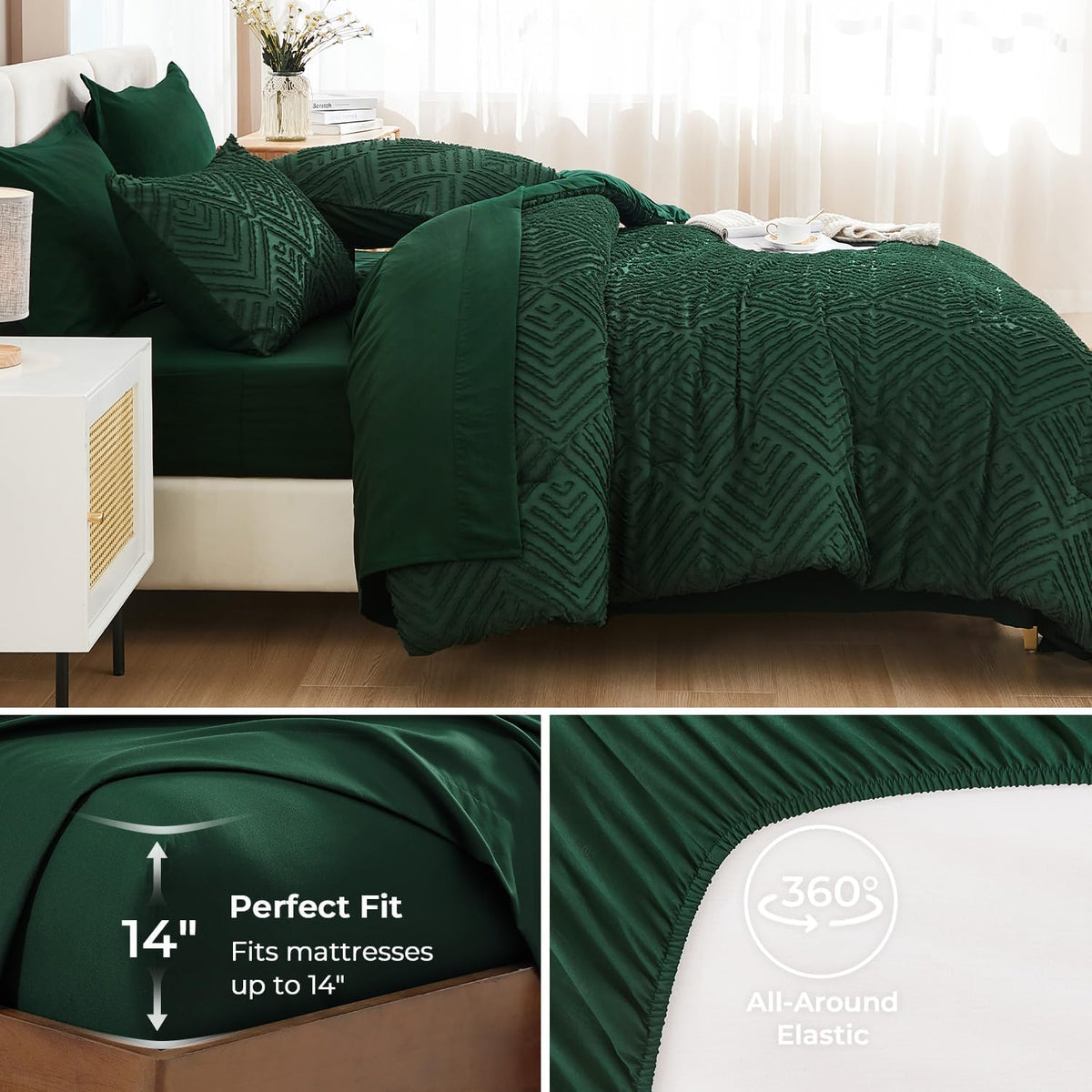 Andency King Size Comforter Set, Dark Emerald Green, 7 Pieces