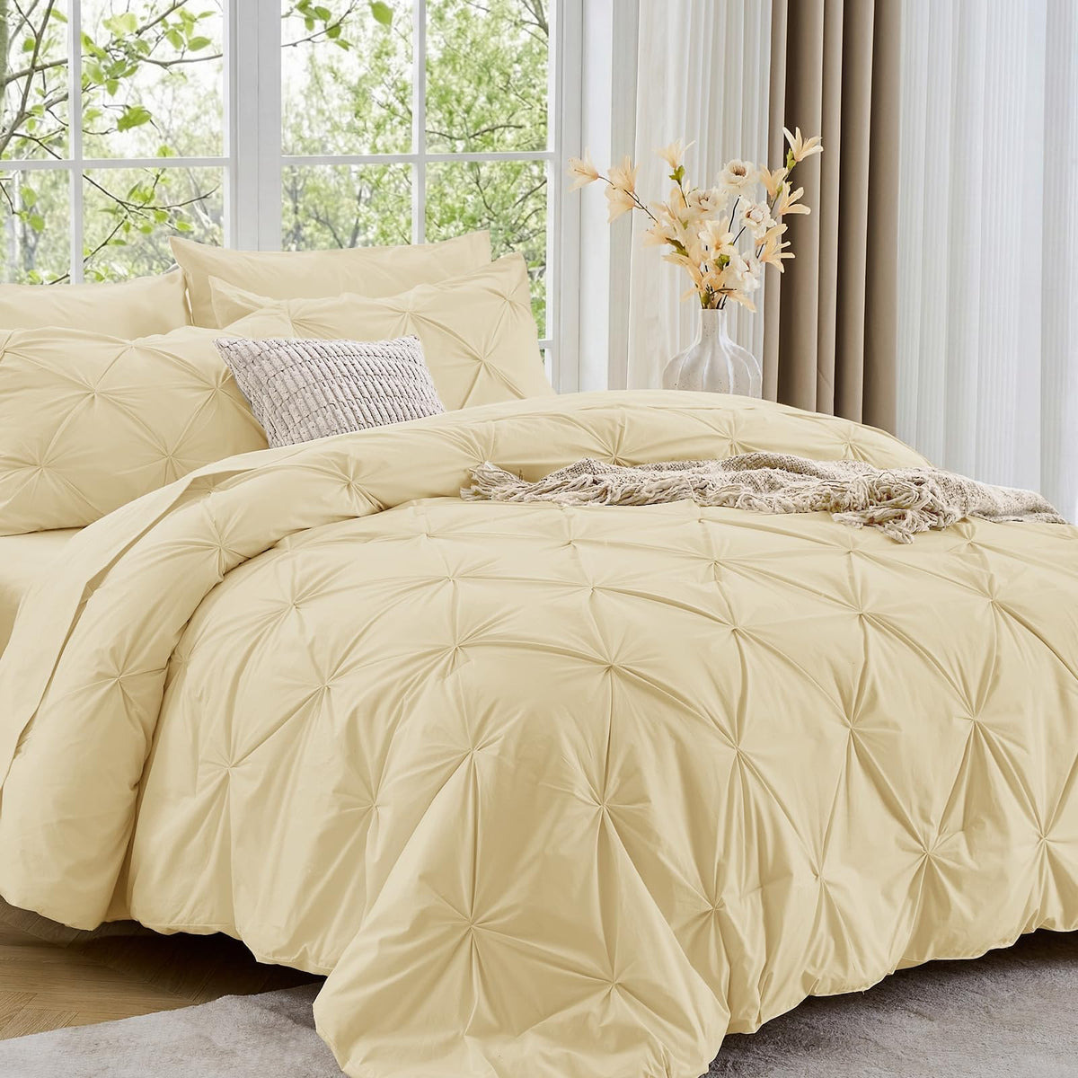 Sasttie Queen Comforter Set, 7-Piece Bed in a Bag, Pintuck Bedding Sets for All Season, Includes Comforter, Flat Sheet, Fitted Sheet, Pillowcases and Pillowshams, Beige