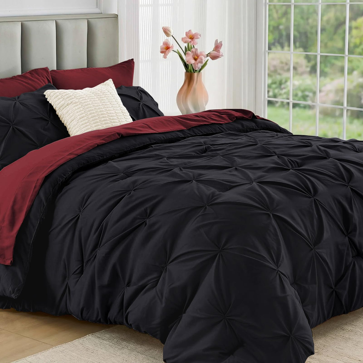 JOLLYVOGUE Queen Comforter Set 7 Pieces - Bed in a Bag Queen for All Season, Pintuck Bedding Comforter Sets with Comforter, Flat Sheet, Fitted Sheet and Pillowcases & Shams, Pink