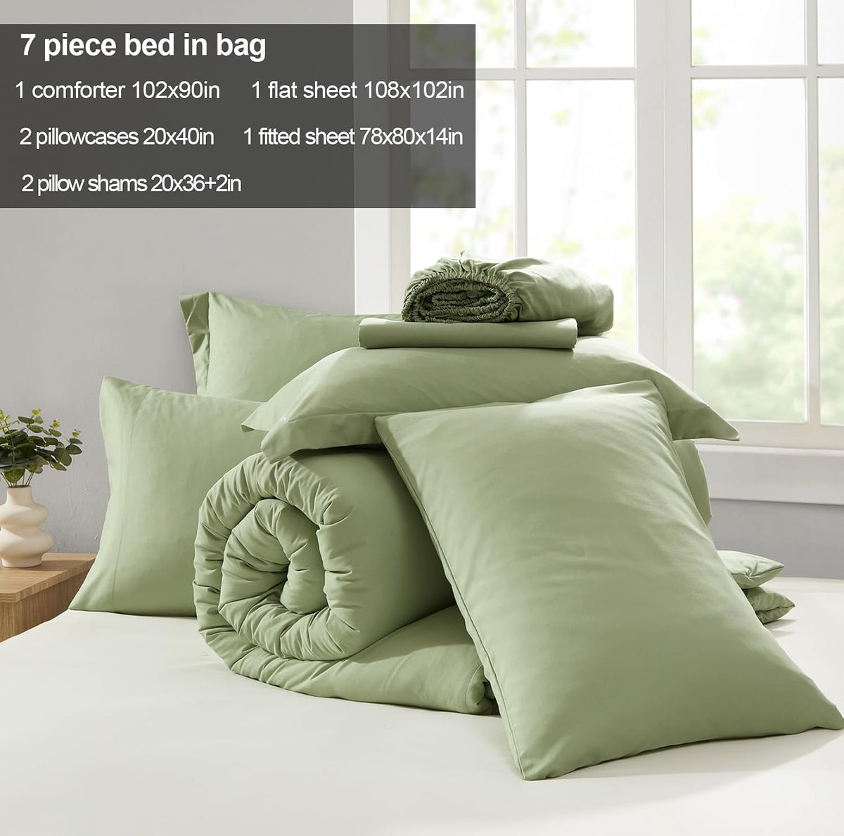 Homelike Moment King Size Comforter Set - 7 Piece Sage Green Bed in a Bag