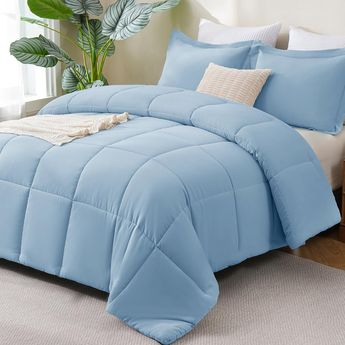 CozyLux Queen Comforter Set, 3-Piece Box-Stitched, Black