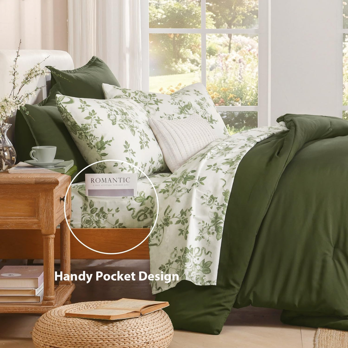 Litanika Floral Queen Comforter Set, 7 Peices Olive Green Bed in a Bag