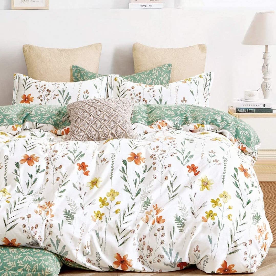SLEEPBELLA Comforter Queen Size, 600 Thread Count Cotton Brown Branches and Blue Flowers Off-White Comforter Sets, Down Alternative Bedding Set 3Pcs(Queen, Off-White Botanical)