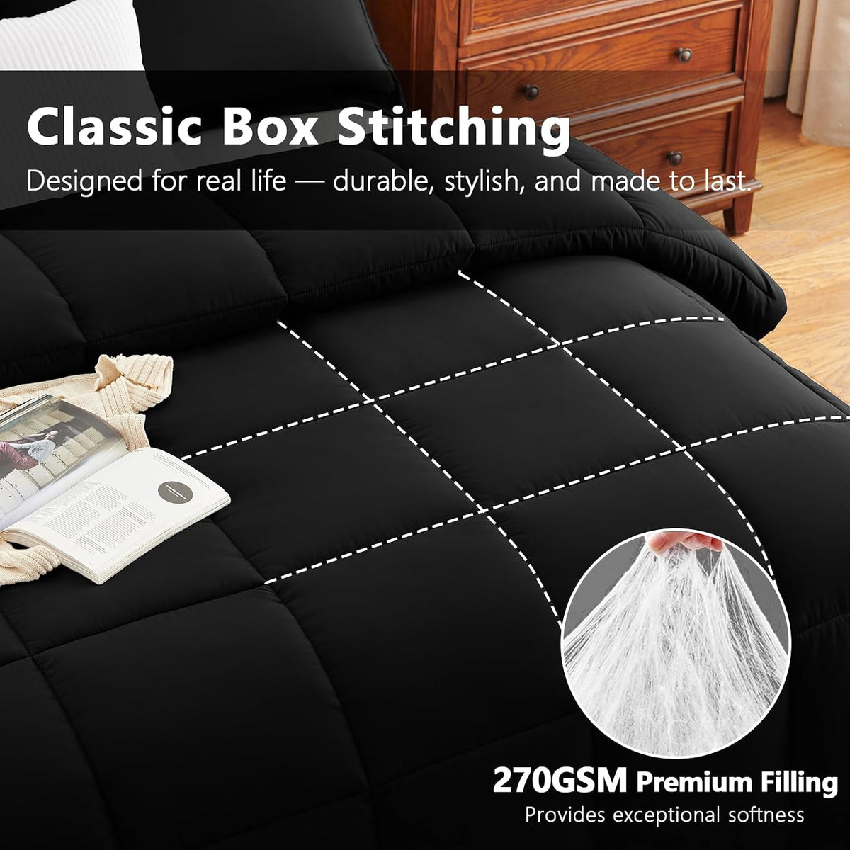 CozyLux Queen Comforter Set, 3-Piece Box-Stitched, Black