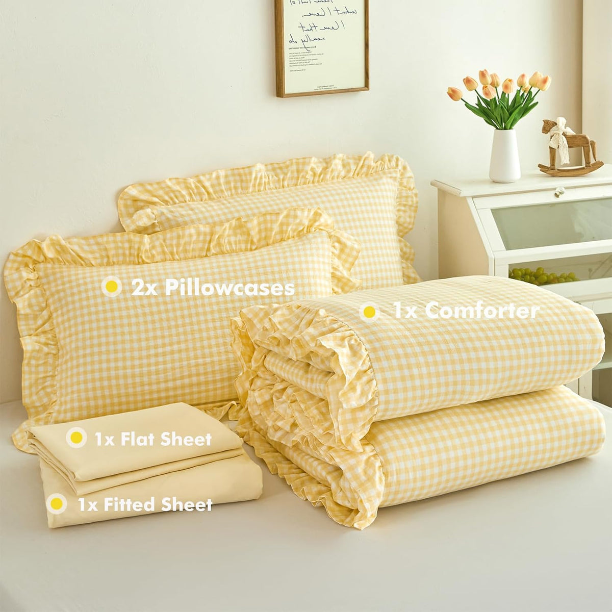 RYNGHIPY Yellow Gingham Comforter Set 5 Pcs Plaid Ruffle Full Bed in a Bag