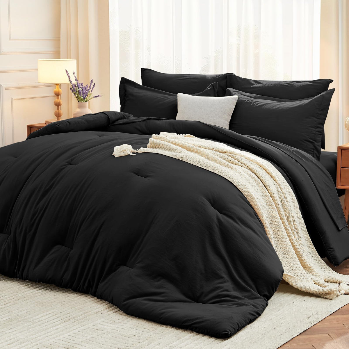 MUXHOMO 7 Pieces California King Comforter Set, Soft Bed in a Bag Cal King Size, All Season Bedding Set with Comforter, Flat Sheet, Fitted Sheet, Pillowcases & Shams, Beige