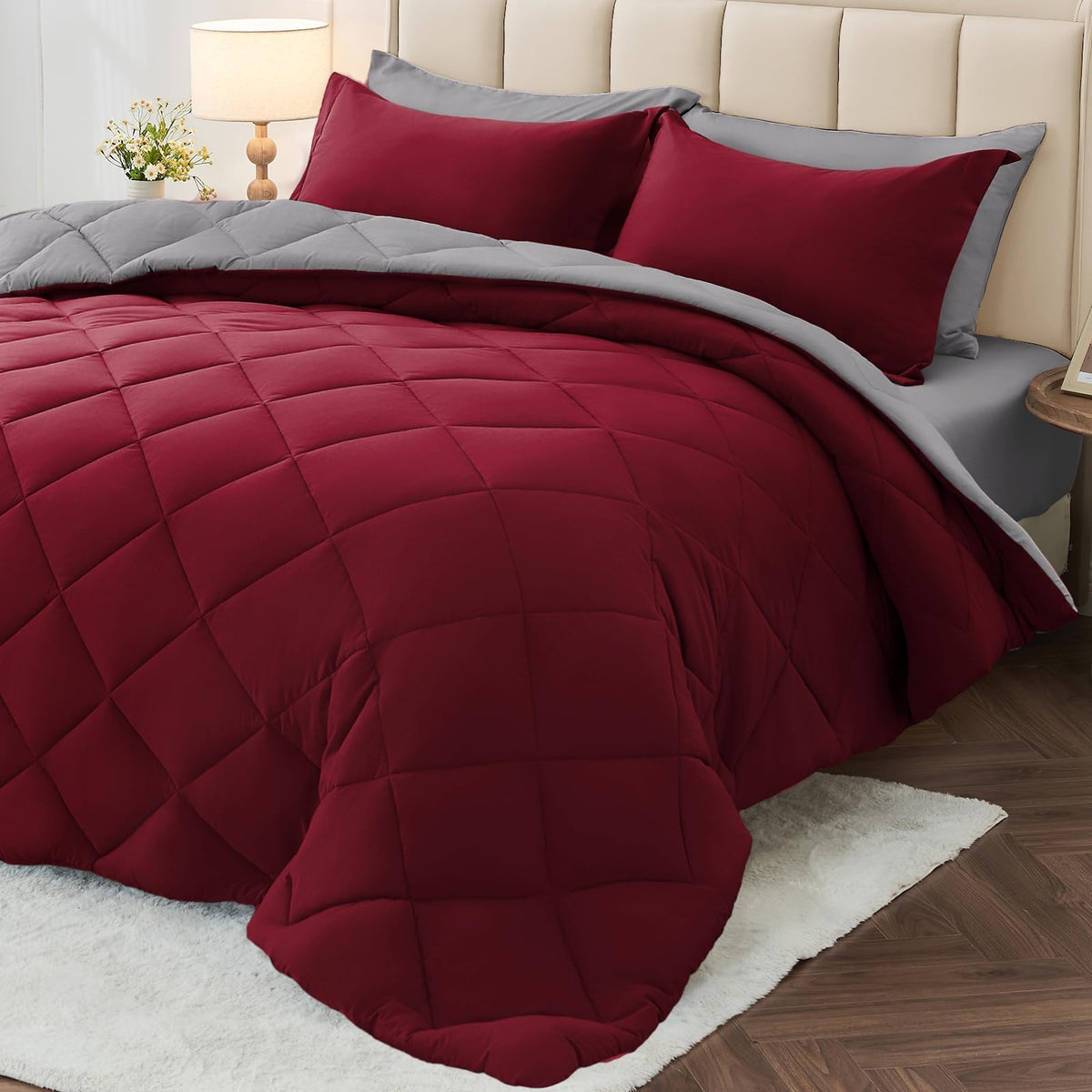 MUXHOMO 7 Pieces Queen Comforter Set, Reversible Bed in a Bag Queen Size, All Season Bedding Set with Comforter, Flat Sheet, Fitted Sheet, Pillowcases & Shams, Red & Black