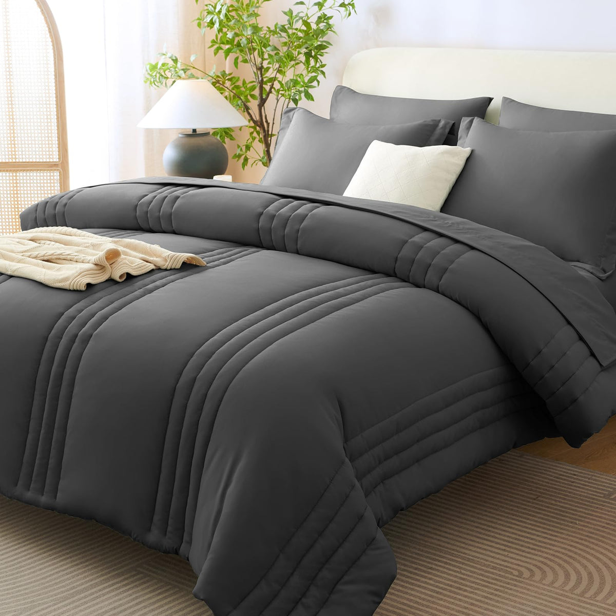 CozyLux Queen Comforter Set Beige - 7 Pieces Vertical Quilted Bed in a Bag