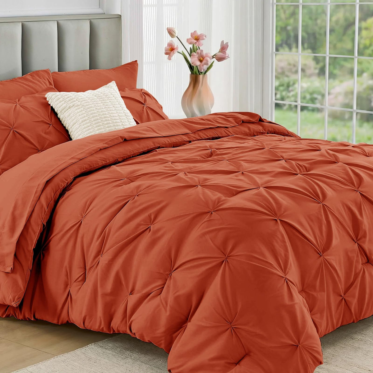 JOLLYVOGUE Queen Comforter Set 7 Pieces - Bed in a Bag Queen for All Season, Pintuck Bedding Comforter Sets with Comforter, Flat Sheet, Fitted Sheet and Pillowcases & Shams, Pink
