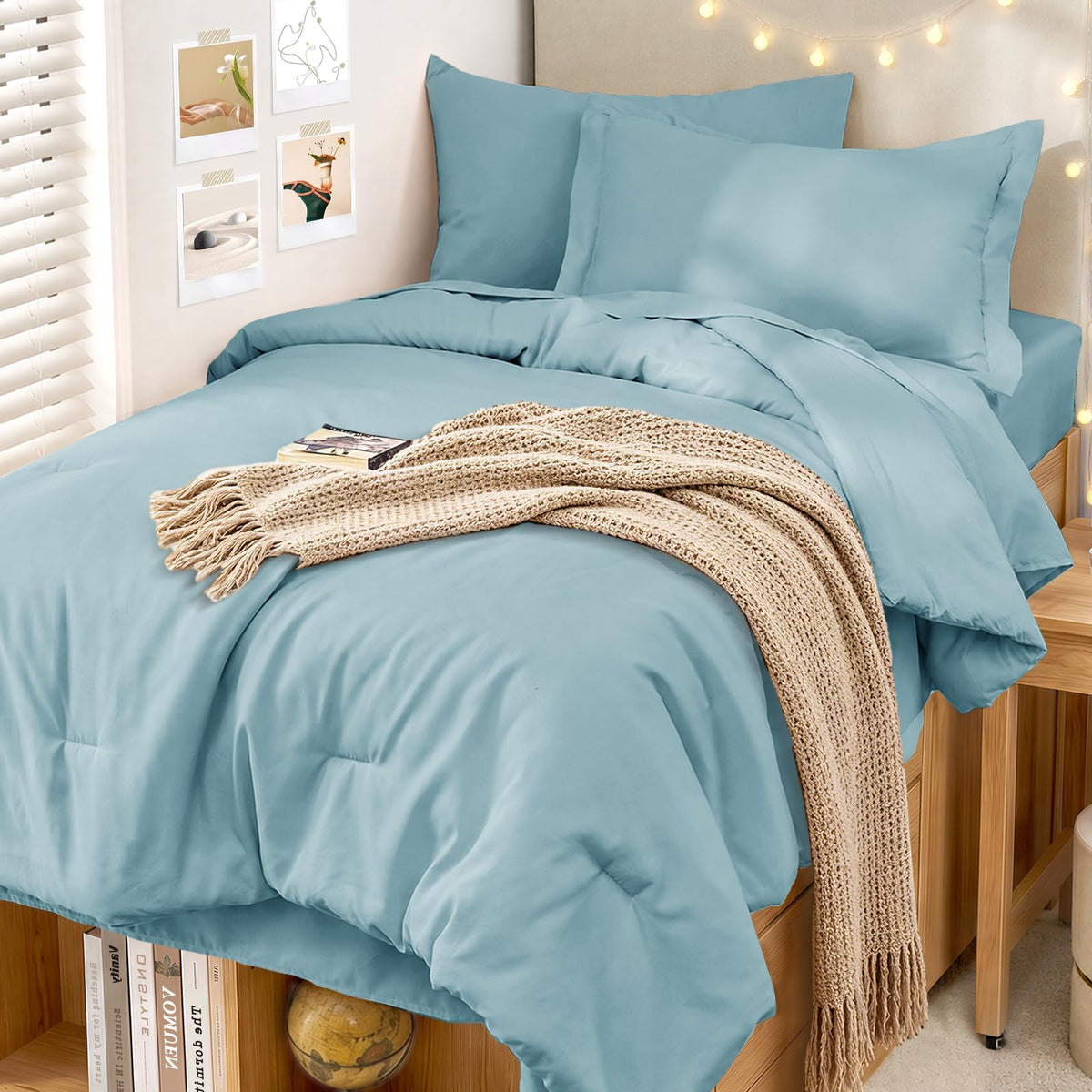 MUXHOMO 7 Pieces California King Comforter Set, Soft Bed in a Bag Cal King Size, All Season Bedding Set with Comforter, Flat Sheet, Fitted Sheet, Pillowcases & Shams, Beige