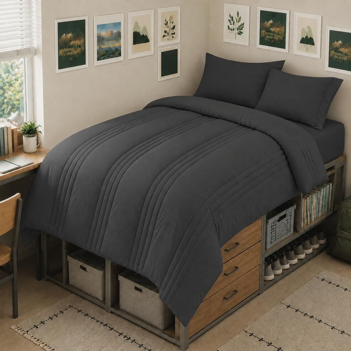 CozyLux Queen Comforter Set Beige - 7 Pieces Vertical Quilted Bed in a Bag