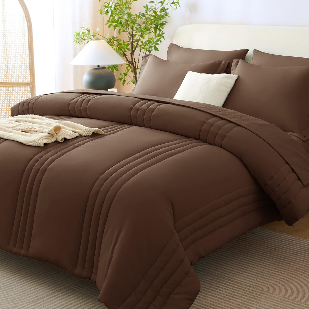 CozyLux Queen Comforter Set Beige - 7 Pieces Vertical Quilted Bed in a Bag