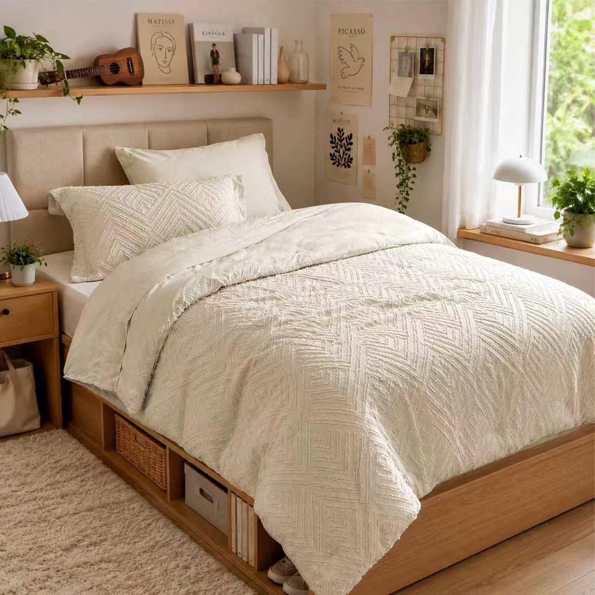 Zzlpp Queen Comforter Set 7 Piece, Beige Bed in a Bag Queen Bedding Sets