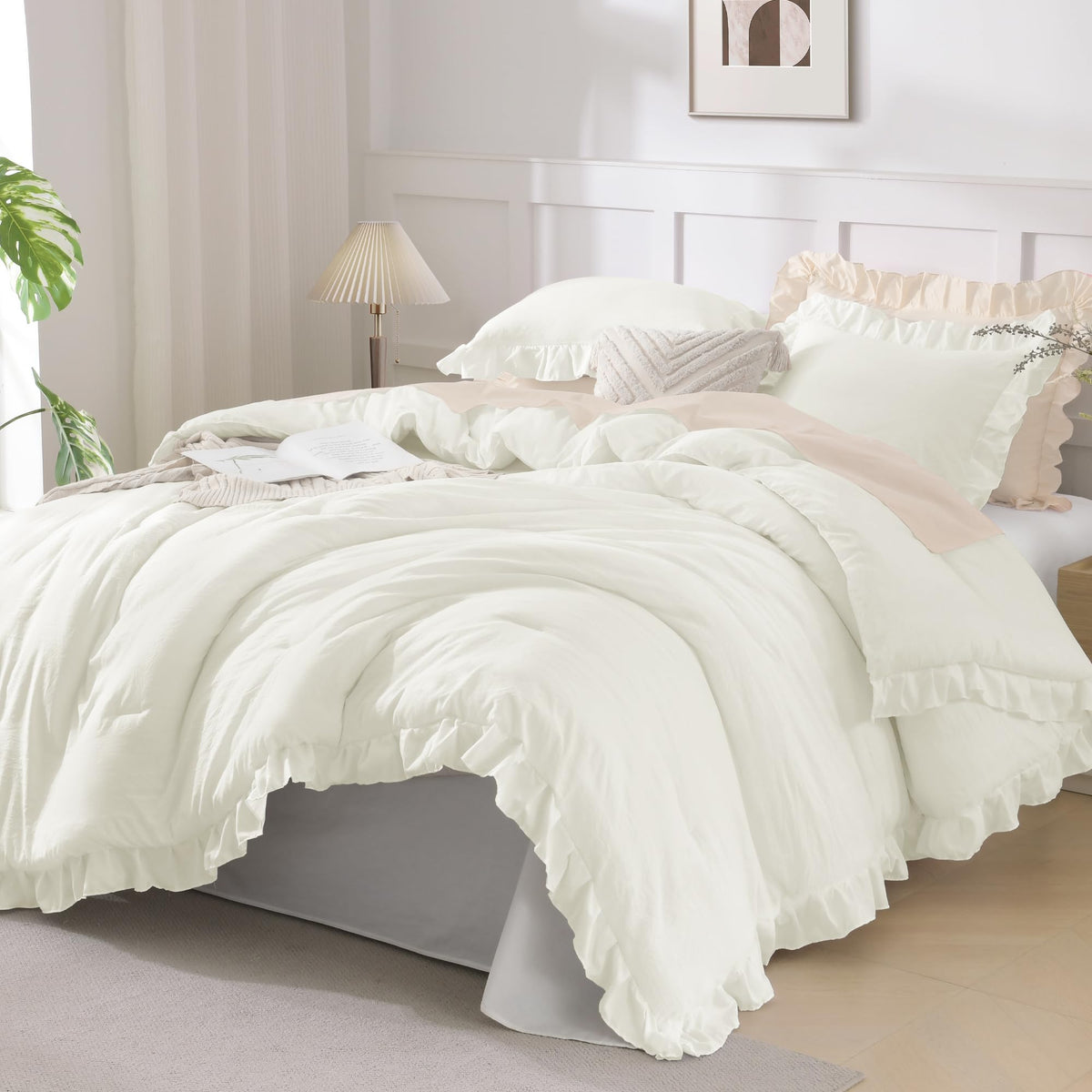 Andency White Comforter Set Queen Size, 3 Pieces Ruffle Farmhouse Bed Set
