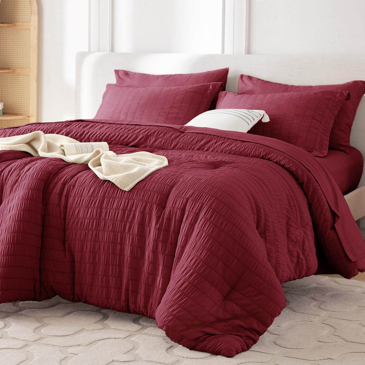 MUXHOMO 7 Pieces Queen Comforter Set, Seersucker Bed in a Bag Queen Size, All Season Luxury Bedding Set with Comforter, Flat Sheet, Fitted Sheet, Pillowcases & Shams, Beige