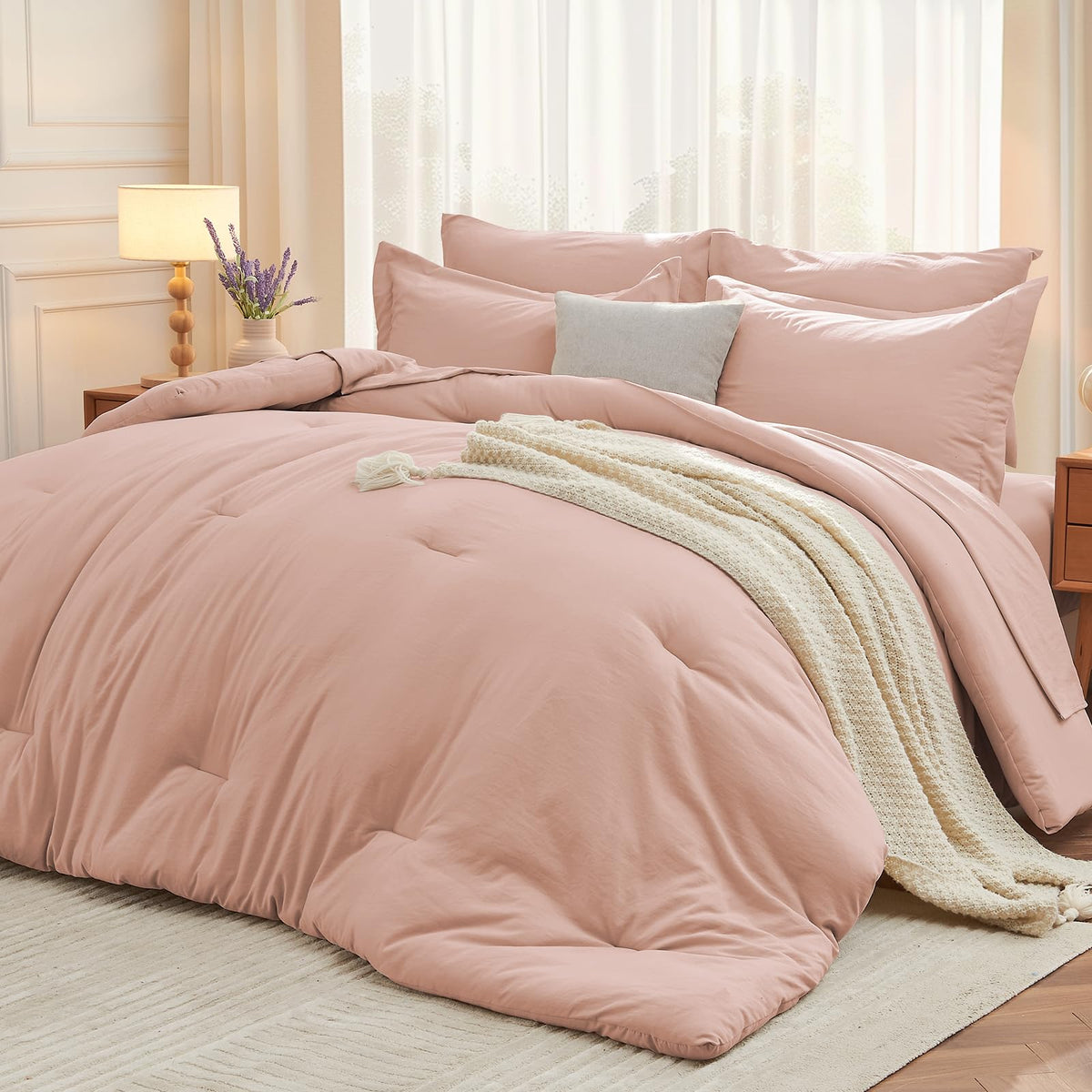 MUXHOMO 7 Pieces California King Comforter Set, Soft Bed in a Bag Cal King Size, All Season Bedding Set with Comforter, Flat Sheet, Fitted Sheet, Pillowcases & Shams, Beige